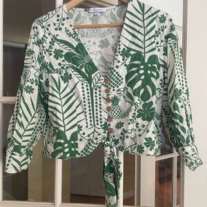 💙 MAISON D’AMÉLIE Green and white Leaf tropical Print linen and rayon Top summer